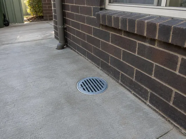 Round grated outdoor drain beside a brick wall on a concrete driveway in Kingsgrove