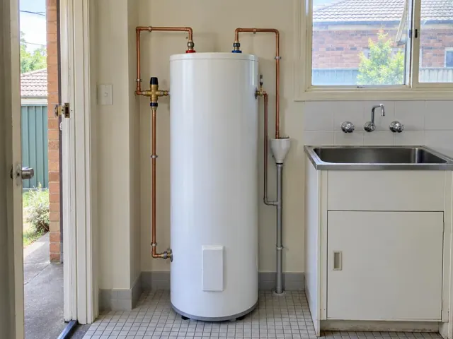 Cylindrical hot water system beside a laundry sink and window in a tiled room in Bexley