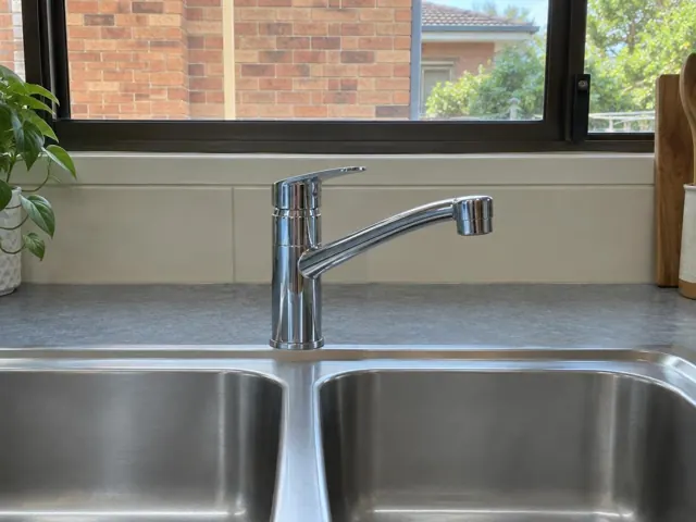 Chrome kitchen mixer tap above a stainless steel double sink with tiled splashback in Bexley North